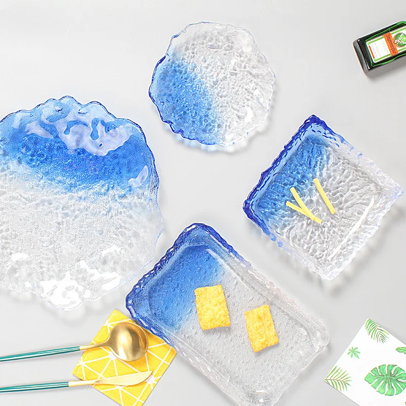 

Japanese Ins Color Ice Cream Plate Tray Tea Tray Dried Fruit Pink Fruit Plate Ice Cream Gradient Blue Glass Tableware