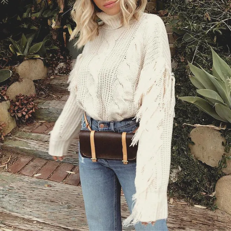 Белый Зимний Свитер с кисточками для женщин 2019 Повседневный свободный Шикарный