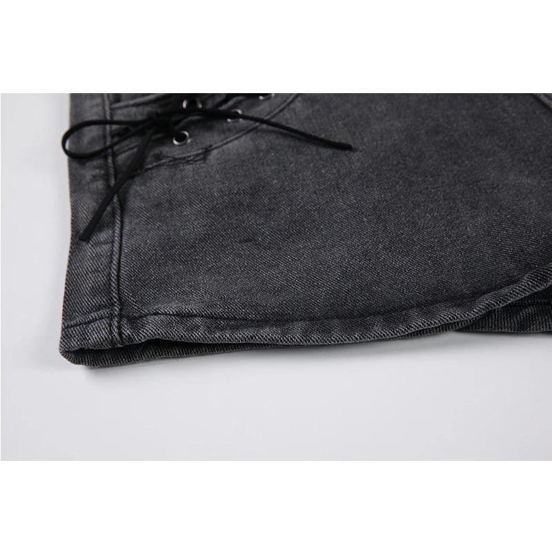 

Tide Grey Denim Shorts Pants Women Drawstring Lace-Up Design Wide Leg Crop Jeans Pants Retro Y2K Sexy Streetwear Ins Shorts Pant