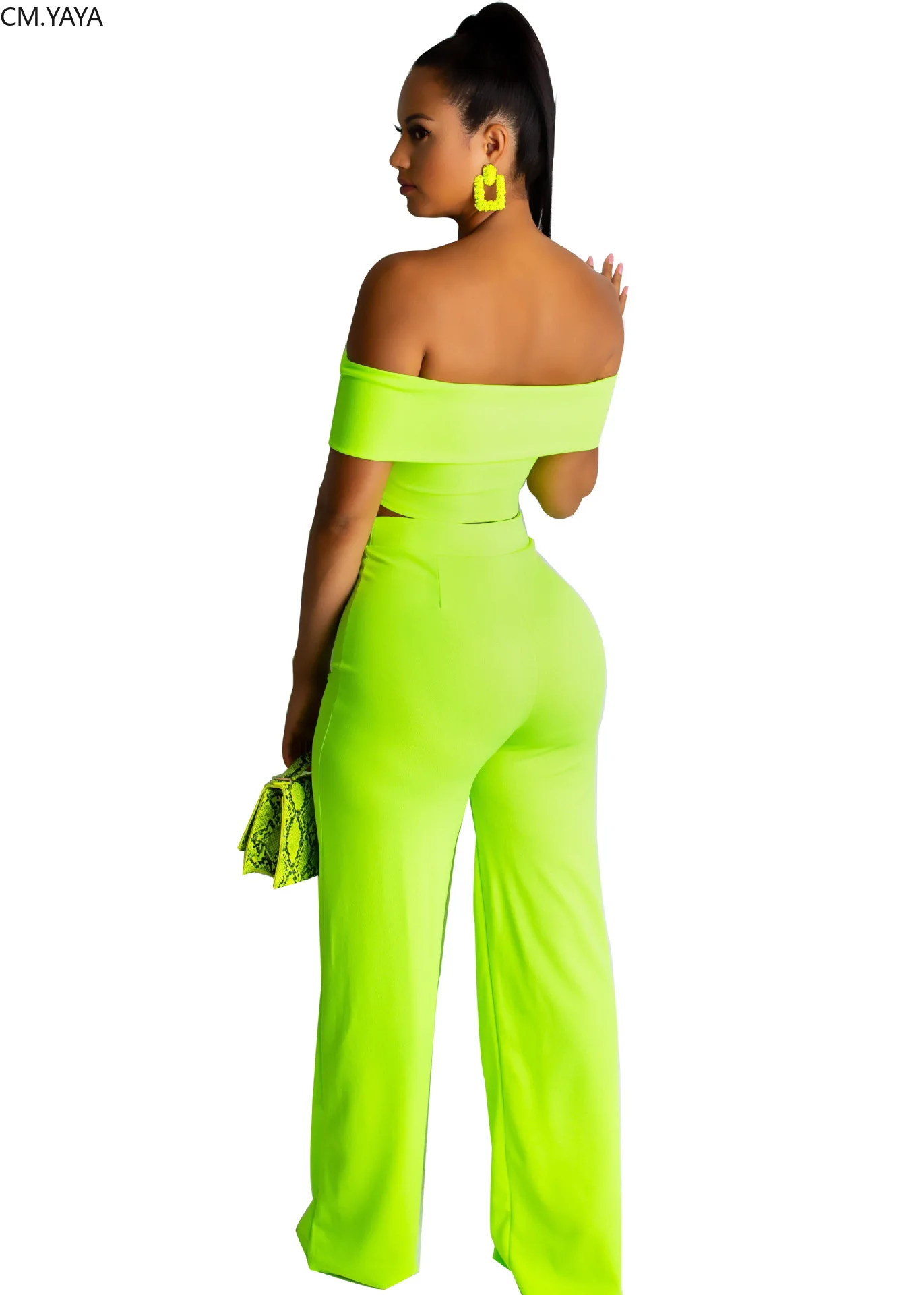 2019 женский новый летний Флуоресцентный зеленый топ с вырезом штаны костюм