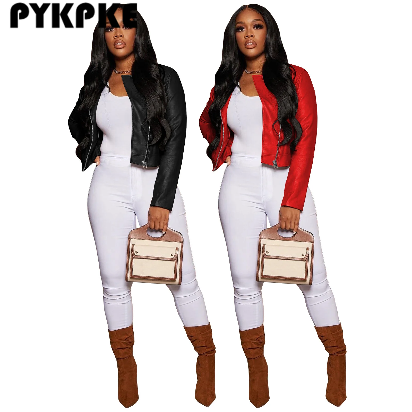 

2022 Autumn PU Faux Leather Jacket Women Zipper Slim Short Biker Jackets Coat Female Outwear Tops