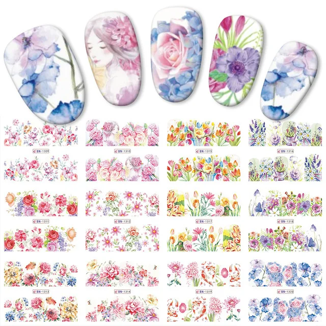 

12Designs Summer Leaf Daisy Flower Stickers for Nails Plum Blossom Water Tattoo Foil Nail Art Decal Gel Polish Slider Accesoires