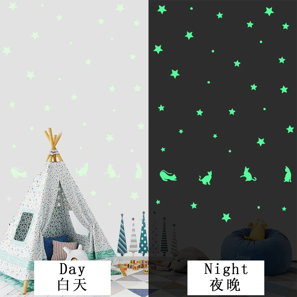 Светящаяся Наклейка на стену с милыми кошками и звездами для детской комнаты