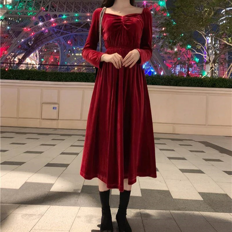 В винтажном стиле Цвет красный черный утепленное бархатное платье Мода для