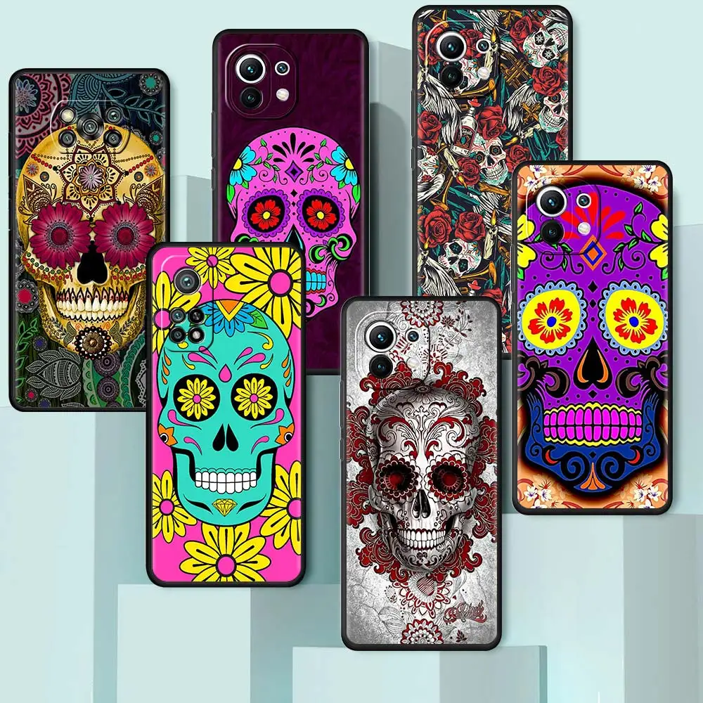 

Capa For Xiaomi Mi Poco X3 NFC F3 10T Pro M3 11T 9T Note 10 Lite Black Soft Case F1 Antifall Phone Cover Cool Flower Skull Art