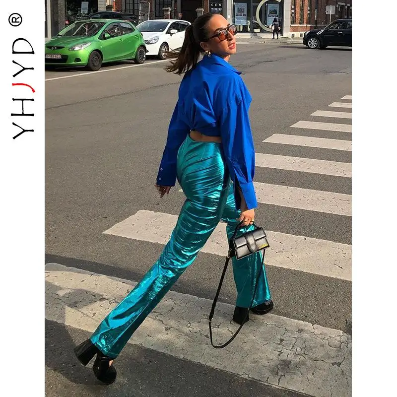 

Блестящие металлические однотонные прямые брюки YHJYD с высокой талией, осенняя одежда для женщин, уличная мода, модные брюки, 2021