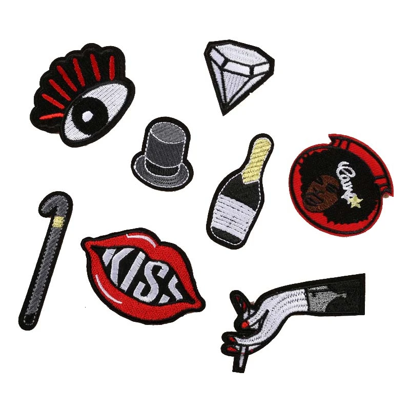 

Black tide brand punk style lips wine bottle embroidery Iron On patches DIY for men coat badge on T-shirt pocket
