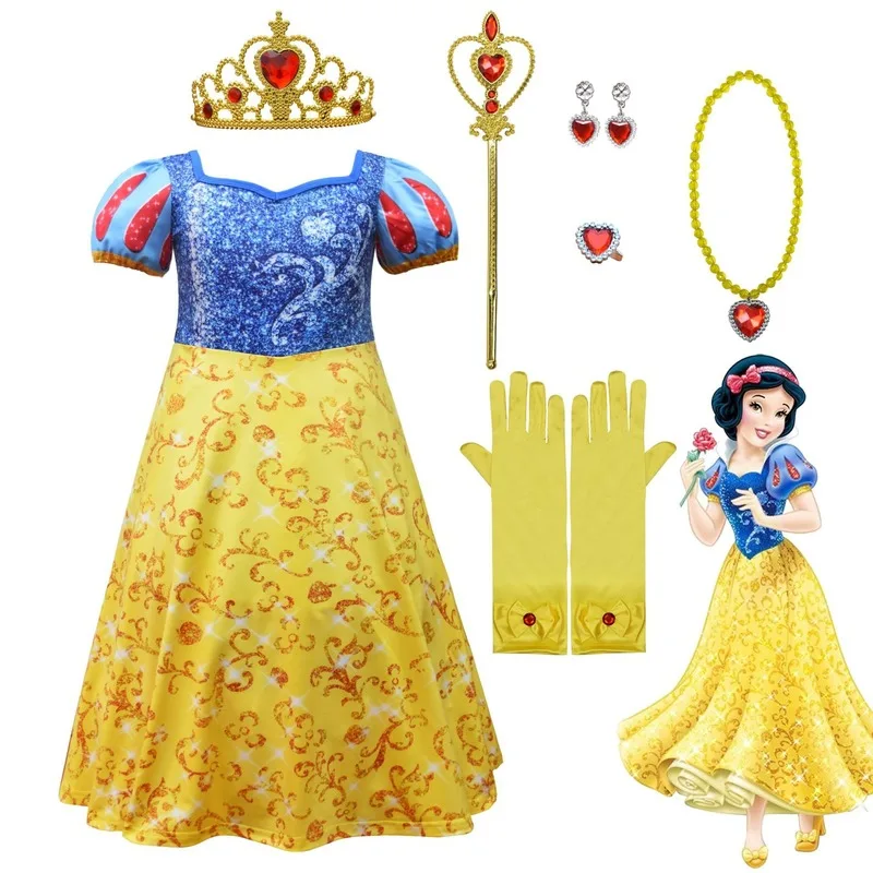 

2020 children girls Halloween cosplay costume Snow White dress skirt princess dress crown magic wand glove set