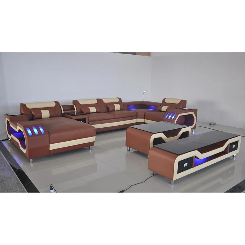 U образный диван из натуральной кожи для гостиной с музыкальным