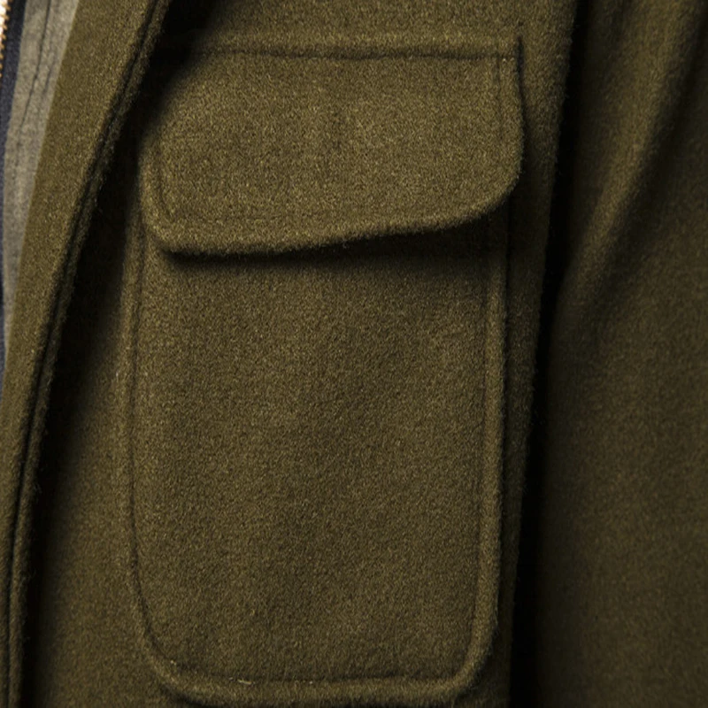 

New Trend Fake Two Piece Woolen Coat Men Hooded Army Green Men's Windbreaker Fashion Zipper Woolen Overcoat