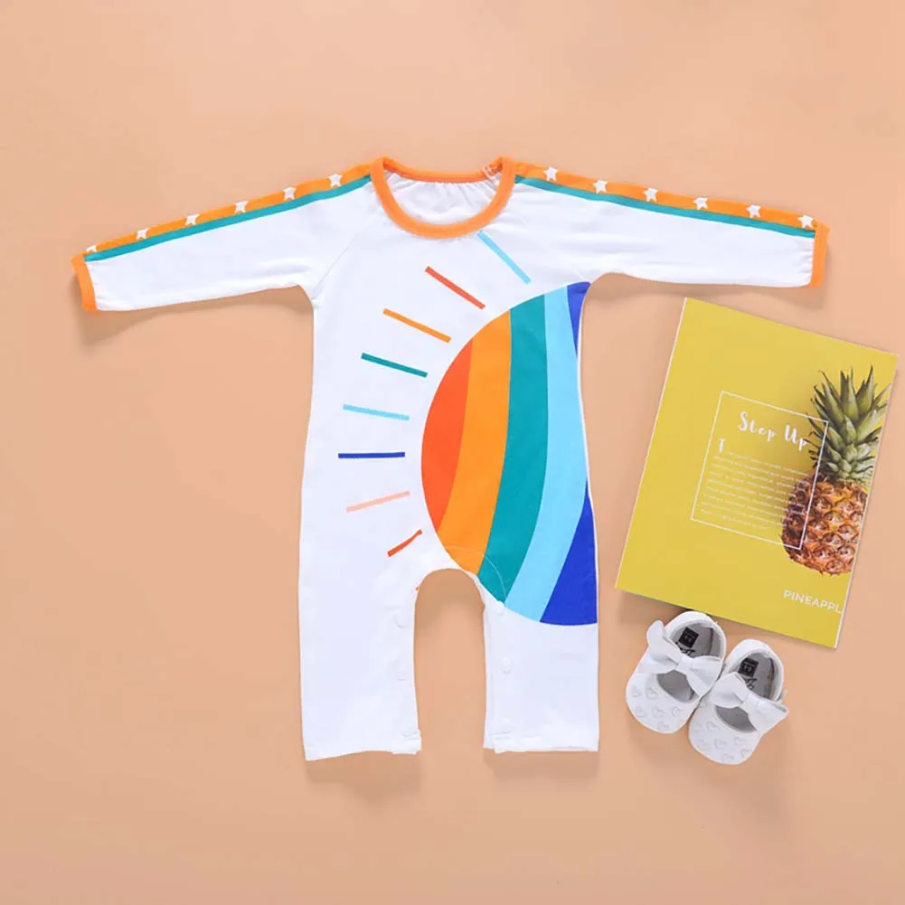 

Newborn Baby's Long Sleeve One-piece Garment Round Neck and Button Crotch Energetic Sun and Rainbow Pattern Jumpsuit