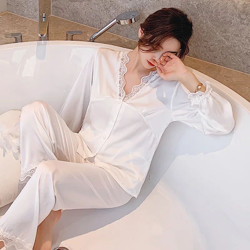

Pajamas Women Sexy Satin Lace V-Neck Satin 2PCS Sleepwear Summer Button-Down Loungewear Loose Soft Pyjamas Long Sleeve Sleep Set