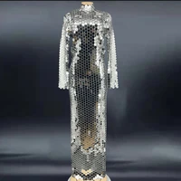silver shiny luxurious mirrors long sleeve evening long dress dance wear mesh dance performance evening stretch costume
