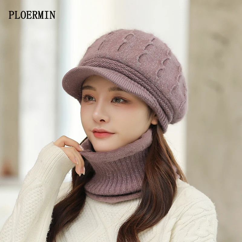 

2021New Autumn Winter Hat Plus Velvet Thick Warm Wool Knit Hat Scarf Set For Women Fashion Rabbit Fur Knitted Berets Lady's Gift