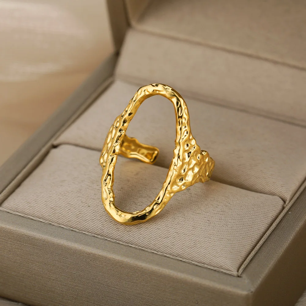 

Irregular Oval Hollow Rings For Women Stainless Steel Gold Geometric Adjustable Finger Ring 2021 Minimalist Opening Jewelry Gift