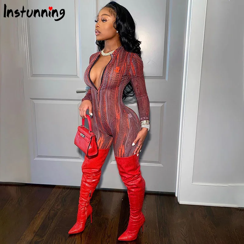 

Женский комбинезон на молнии Instunning, повседневный Облегающий комбинезон с длинным рукавом и Текстурным принтом, осенняя одежда