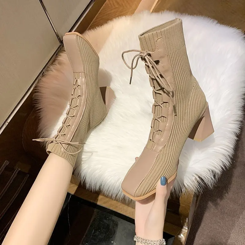 2021 Fashion New Socks Boots Women Spring and Autumn Comfortable High-heeled Short Boots Stitching Square Toe Boots Women