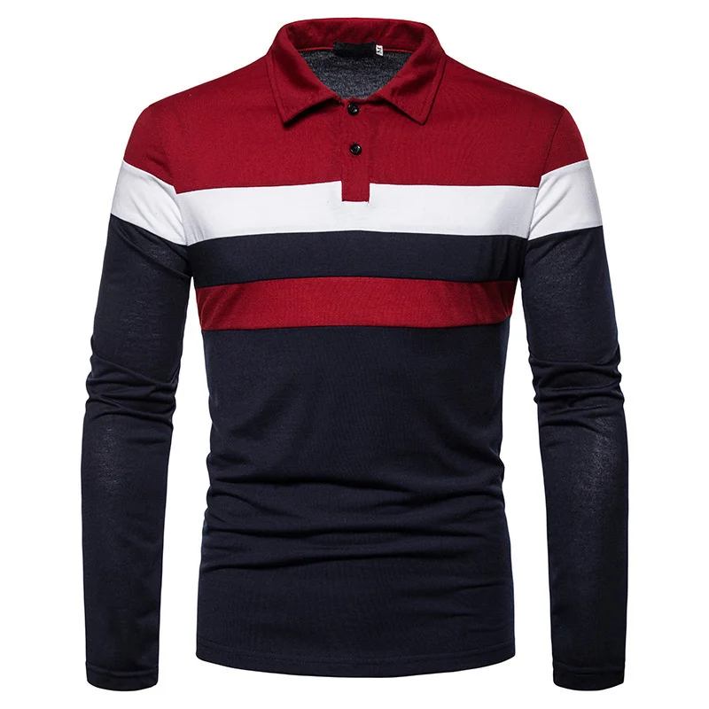 

2021 Spring And Summer New Three Color Splicing Fashion Design Casual Men's Lapel Long Sleeve Polo Men's T-shirt