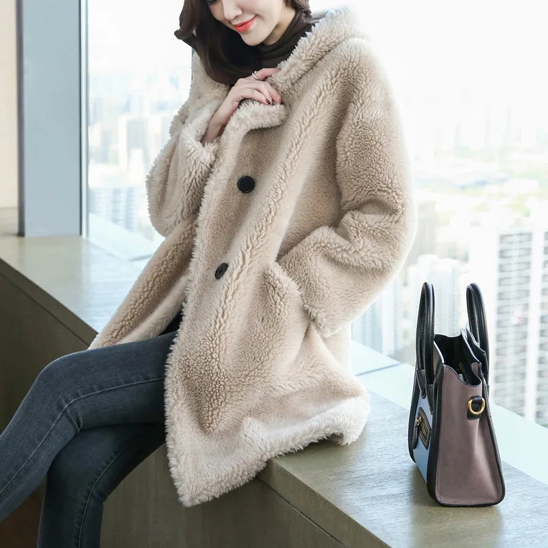 Real Fur Coat High Quality Womens Natural Wool Coats With Cap Thick Warm Elegant Loose Large Size Long Outwear For Women