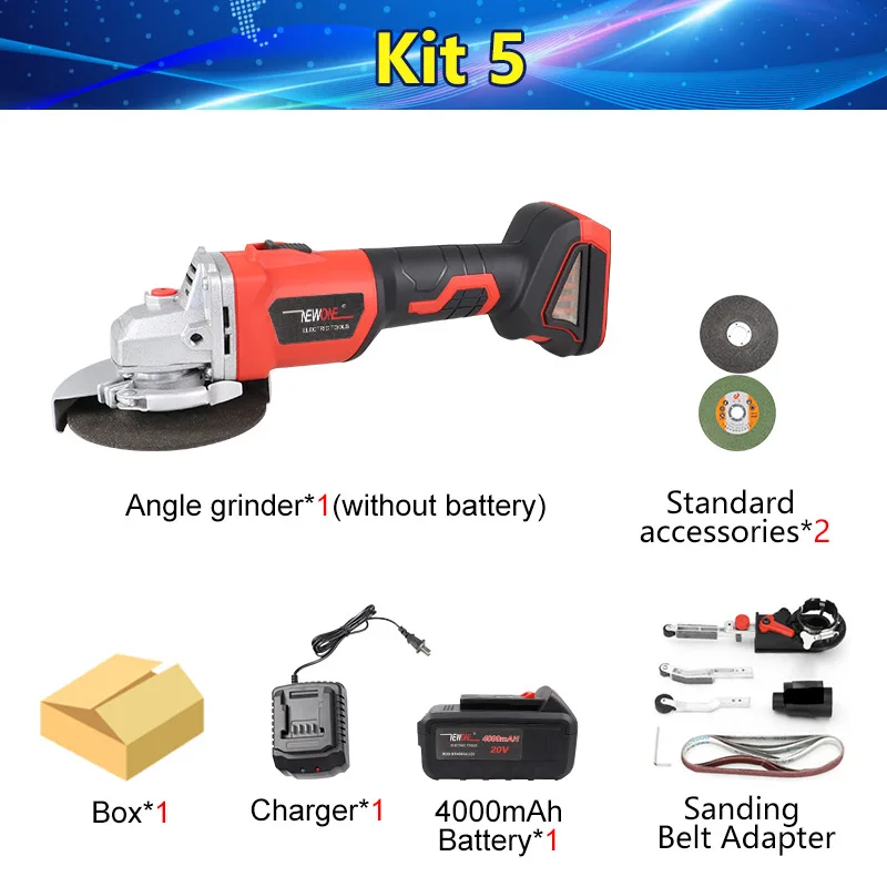 KIT 5 NEWONE 20V бесщеточный 4000mAh литий-ионный M10 угловой шлифовальный станок с лопаточный переключатель Беспроводная шлифовальная машина шлифовальный электроинструмент - Цвет: KIT 5