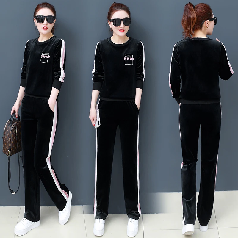 Бархатный спортивный костюм для женщин 2019 зимний женский с вышивкой буквами Плюс