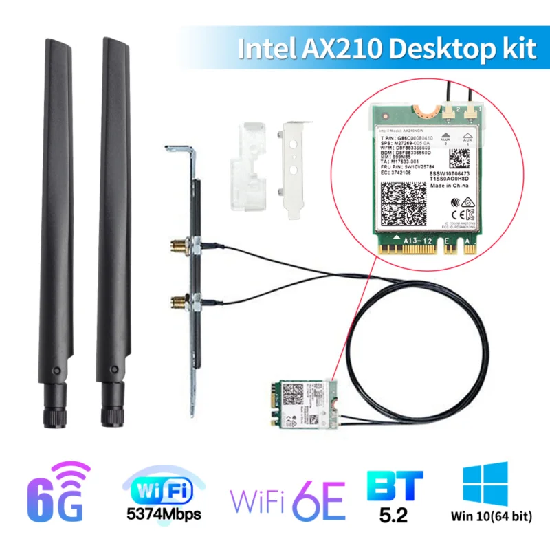 

Настольный комплект Intel AX210 WiFi 6E Bluetooth 5,2 WiFi карта 3000 Мбит/с 802.11ax 2,4G/5G/6 ГГц AX210NGW с антеннами 6 дБи для Windows 10