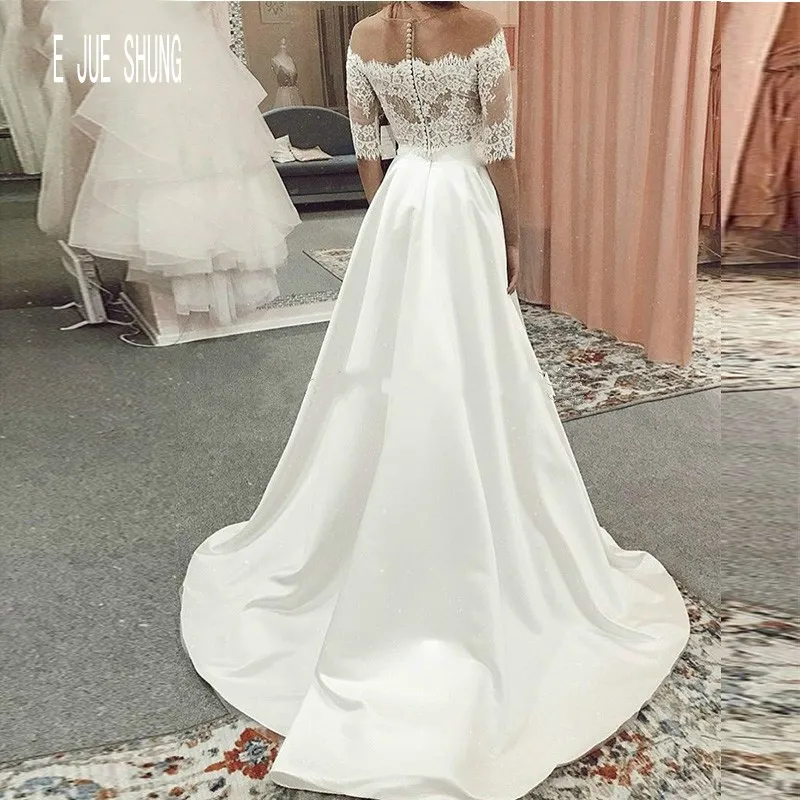 E JUE SHUNG Boho Illusion Свадебные платья с коротким рукавом и вырезом лодочкой пуговицы
