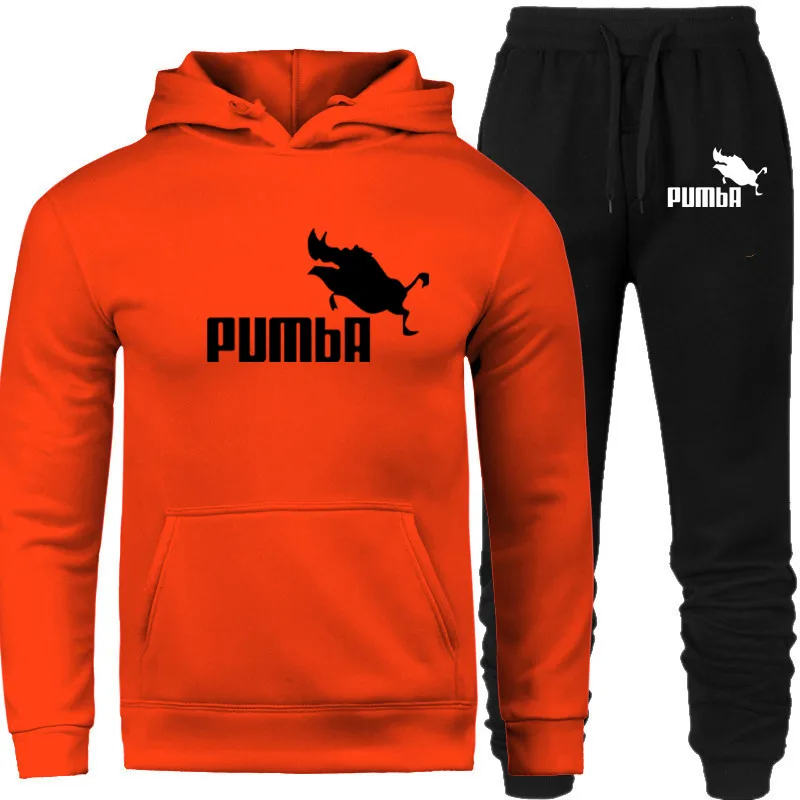 PUMBA, новая мода, мужские толстовки, костюмы, брендовый спортивный костюм для мужчин/женщин, толстовки+ спортивные штаны, Осень-зима, флисовый пуловер с капюшоном - Цвет: orange