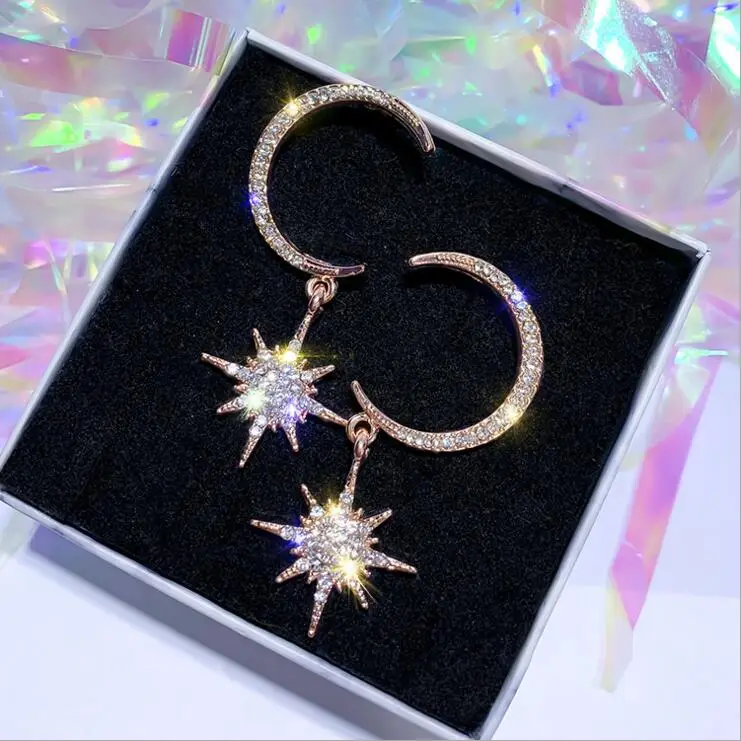 Новое поступление асимметричные серьги с Луной и звездой блестящий кристалл