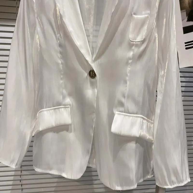 

2021 Summer New Transparent Sun Protection Long Sleece Coat Loose Suit Jacket + Wide Leg Pants White Two Piece Suit for Women