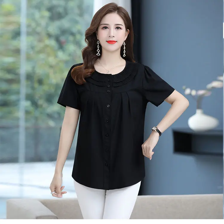 

Fit summer large size short sleeve top female western-style middle-aged and elderly cover belly loose show thin shirt small unli