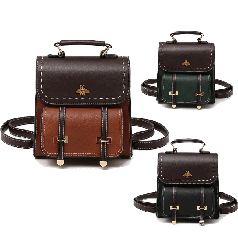 

Women Backpack Quality Vintage Leather Preppy Female Backpack Little Bee School College Backpack Travel Bag mochila Dropshipping