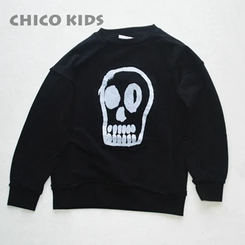 black skull Детская осенне-весеннее платье с длинными рукавами с капюшоном хлопчатобумажная трикотажная рубашка с черепом, дети chico для маленьких мальчиков и девочек с буквенным принтом контраст Цвет Куртка Топы, детская верхняя одежда - Цвет: black skull