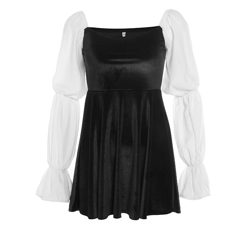 

2020 French retro velvet stitching bubble sleeve square collar sexy dress