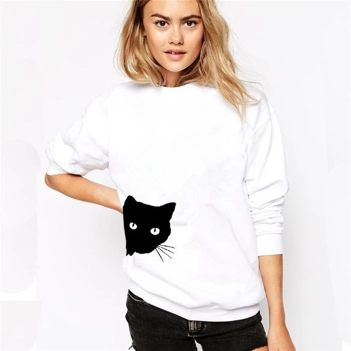 Women's New Cathead Print Loose Round Neck Long Sleeve Women's Sweater