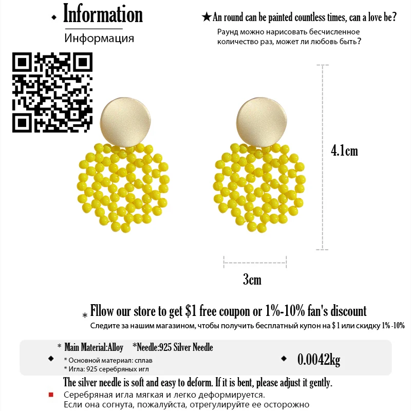 

DREJEW White Yellow Green Handmade Beaded Statement Drop Earrings Daily Basics Fashion 925 Alloy Dangle Earrings Women Jewelry