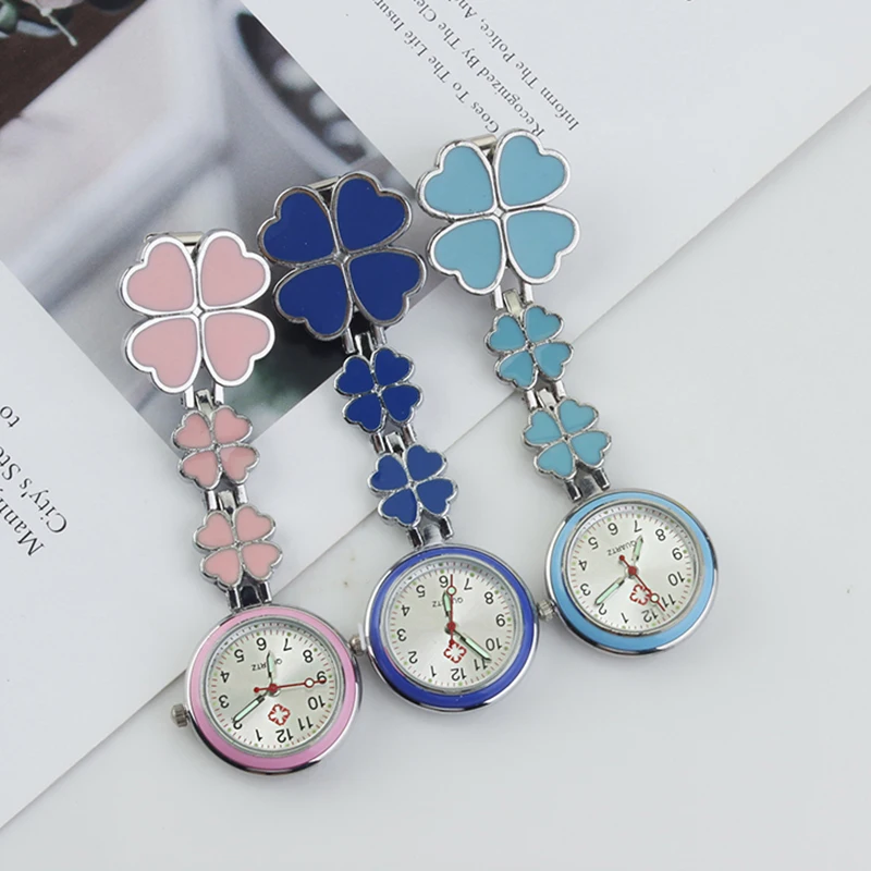 Four Leaf Clover Nurse Watch Fob Pocket Doctor Watch Hanging Hospital Gift Luminous Medical Clock Sun Pattern Literal 10pcs