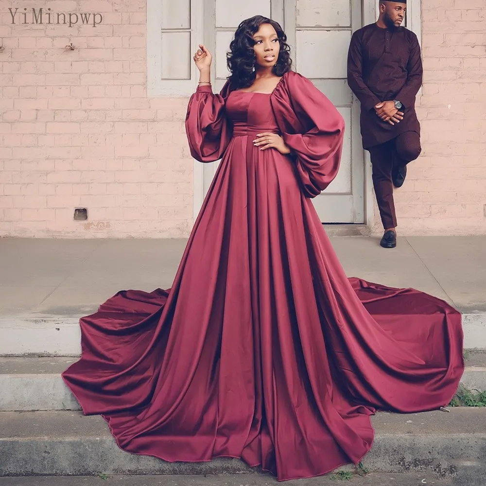 

YiMinpwp Dark Red Evening Dresses Square Neck Long Sleeve Sweep Train Satin Formal Women Celebrity Prom Gowns vestidos de fiesta