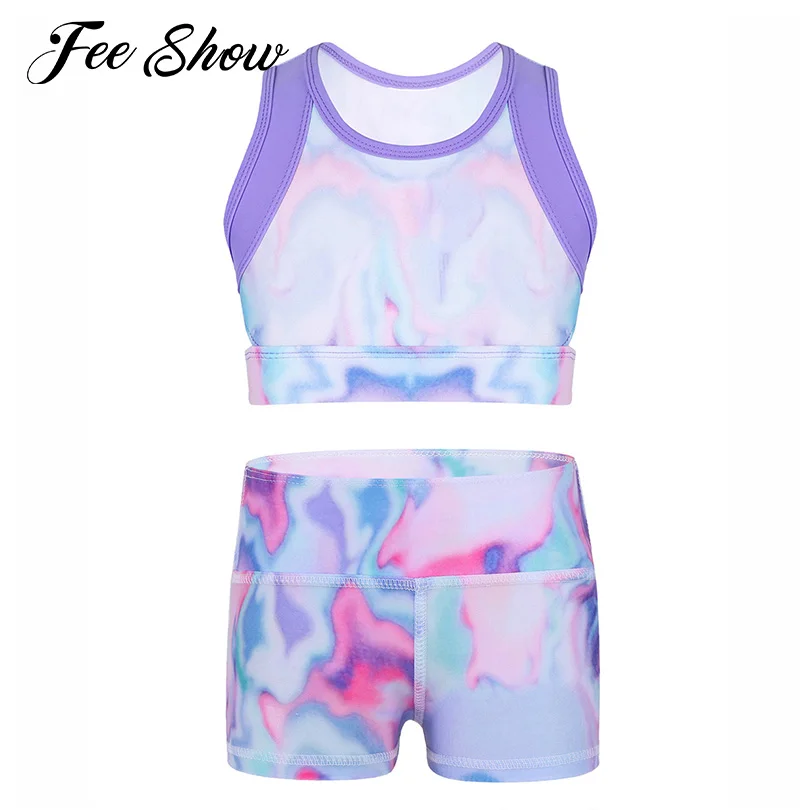 

Kids Girls Stretchy Yoga Set Sleeveless Tie-Dye Tanks Crop Top with High Waist Dance Shorts Bottoms for Sports Gymnastic Workout