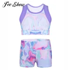 Летний детский эластичный комплект для йоги для девочек, спортивный костюм, гимнастические тренировочные костюмы, майки без рукавов с завязкой, короткий топ, танцевальные шорты