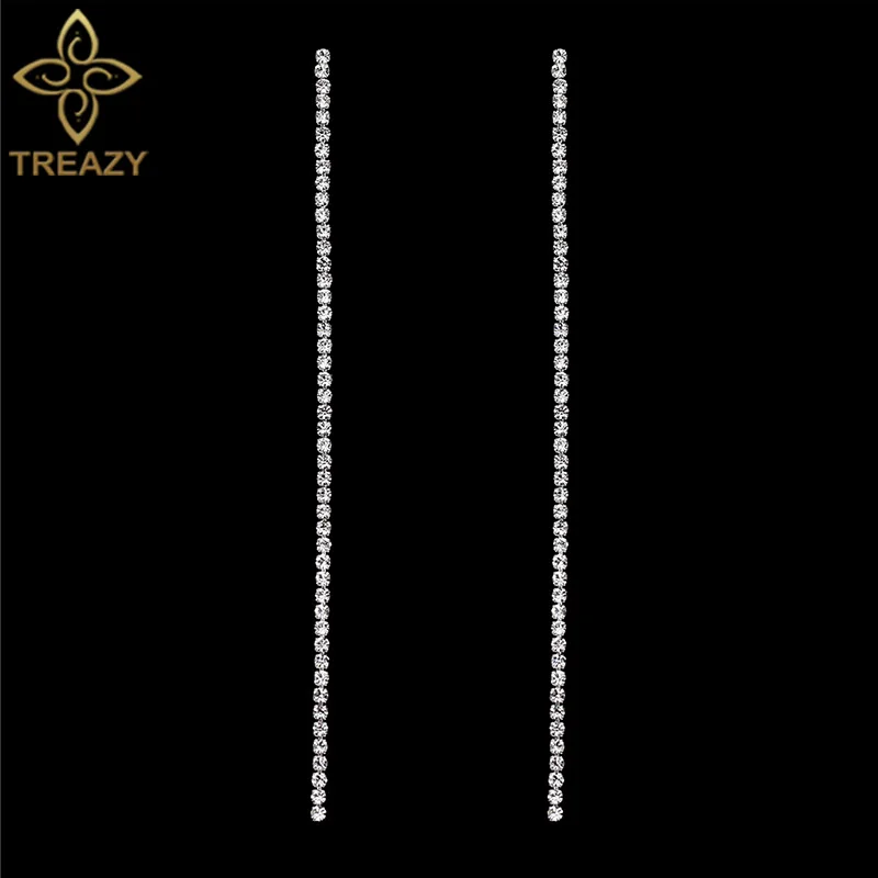 TREAZY, простые, 1 ряд, стразы, с кисточками, длинные серьги для женщин, серебряный цвет, висячие серьги, свадебные, вечерние, Brincos Femme