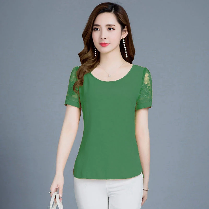 

Women Spring Summer Style Chiffon Blouses Shirts Lady Casual O-Neck Mesh Chiffon Blusas Tops