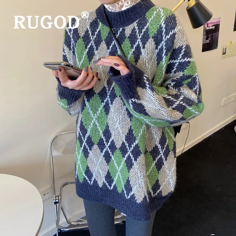 RUGOD Christmas sweater for women vintage plaid pattern oversized tunic korean chic warm knitted pullover fashion casual female | Женская