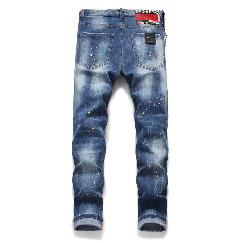 

European Jeans Brand Men Slim Jeans Mens Denim Trousers Paint Patchwork Blue Pencil Pants Jeans For Men JS1041
