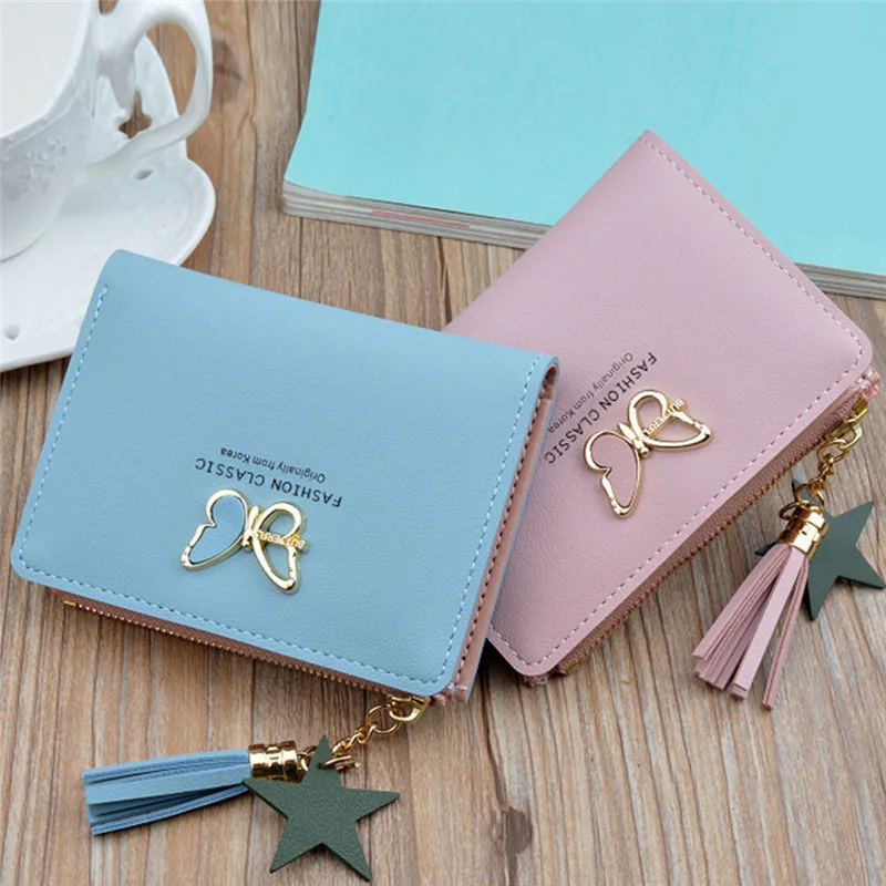 

2022 New Metal Butterfly Decoration Women Wallet Cute Wallet Vogue Tassel Short Leather Female Wallets Zipper Purse Purse Clutch