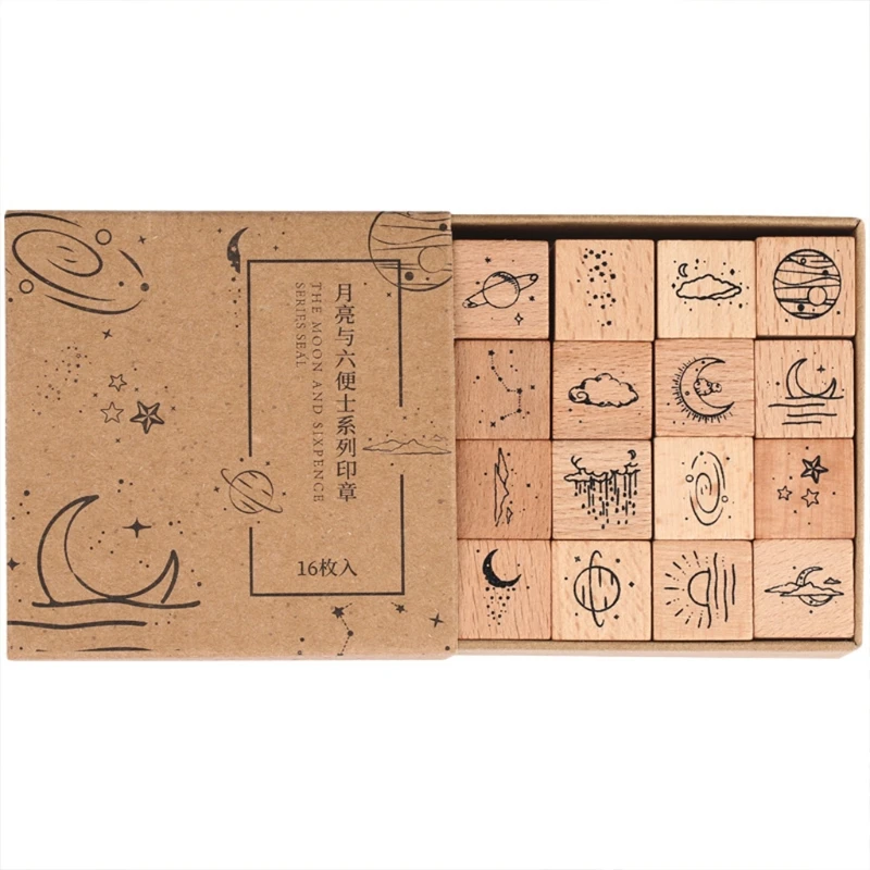

2021 New 16 Packs Vintage Wooden Rubber Planet & Cloud Decoration Stamps for Photo Album, Calendar, DIY Craft, Scrapbooking