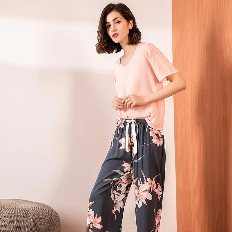 Женский пижамный комплект с цветочным принтом розовый хлопковый сатиновый v