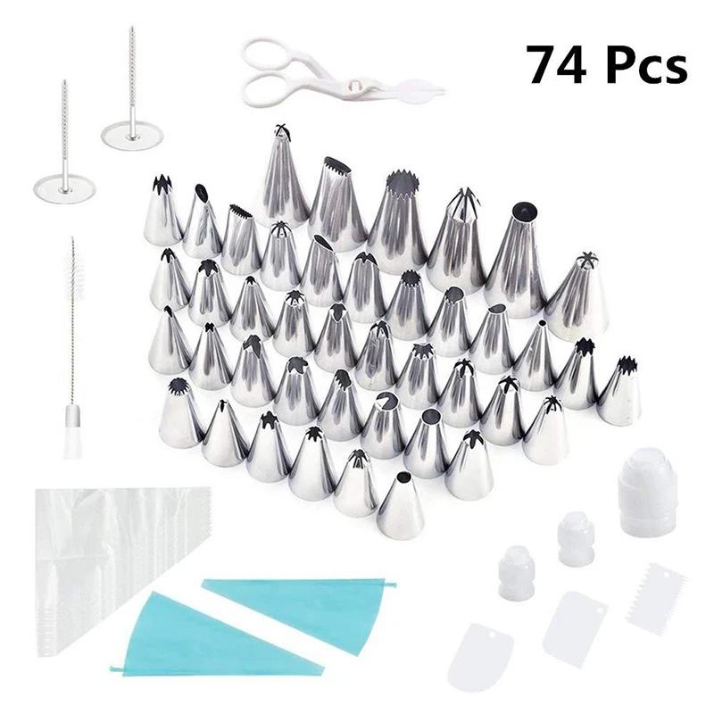 

74pcs Cake Decorating Tools Set Stainless Nozzle Piping Decorating Tools Reusable Nozzles Silicone Bag Bake Set For DIY Cupcake