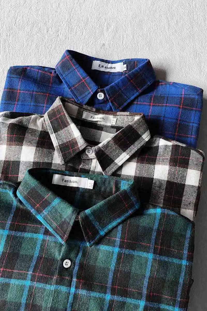 

Autumn Long Sleeve Blue Lattice Men Shirt Fashion Turn Down Collar Cotton Shirts Chest Pocket Tie Versatile Male Casual Shirts