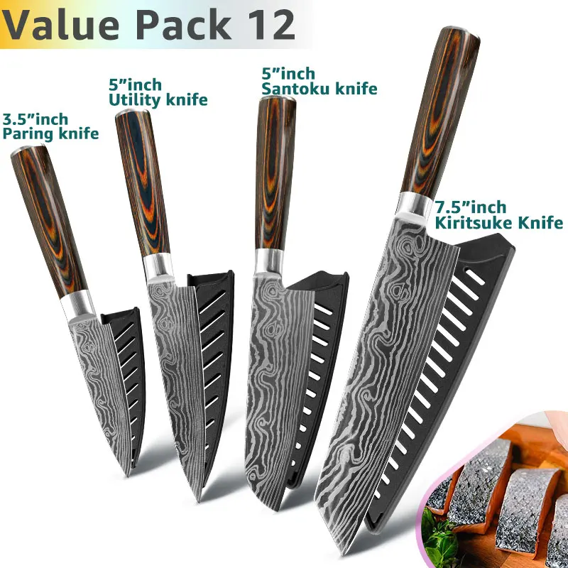 Value Pack 12 Набор кухонных ножей поварские ножи 7CR17 440C из высокоуглеродистой нержавеющей стали дамасский нож для нарезки мяса сантоку набор из 5 предметов - Цвет: Value Pack 12